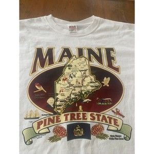 Vintage 1999 Maine Pine Tree State Map T Shirt Made in USA Size Large